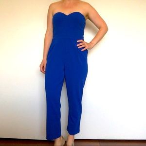 Bright Blue Strapless Sweetheart Neck Jumpsuit